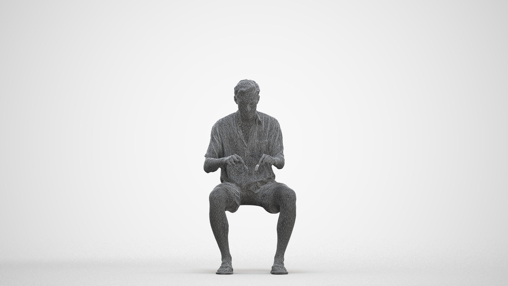 3D human model man casual sitting, photogrammetry scanned person for archviz, three-quarter front view render