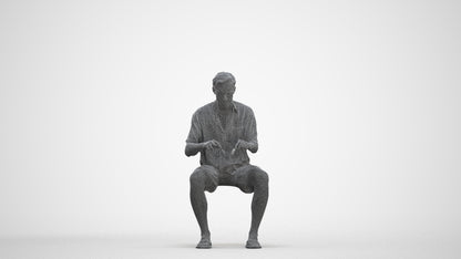 3D human model man casual sitting, photogrammetry scanned person for archviz, three-quarter front view render