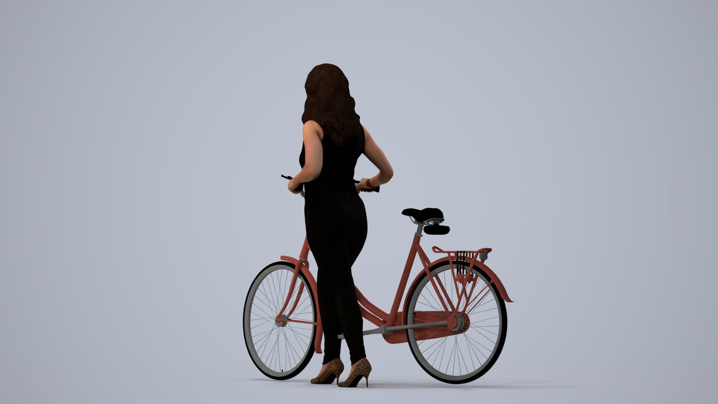 realistic 3D human woman casual cycling, archviz people FBX OBJ for Blender, three-quarter view render