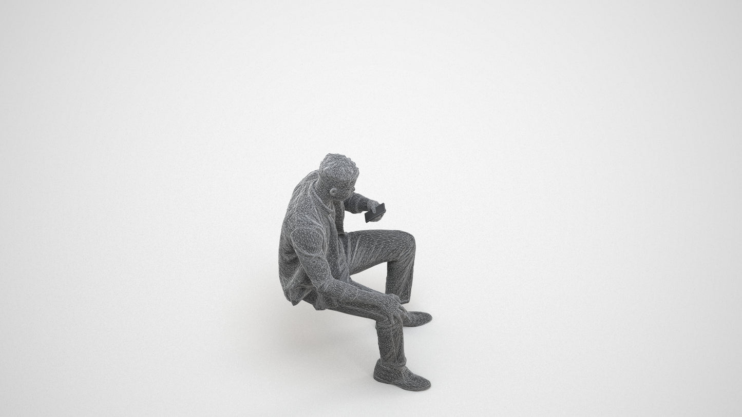 photogrammetry 3D man business sitting, realistic human model archviz FBX, wireframe three-quarter view