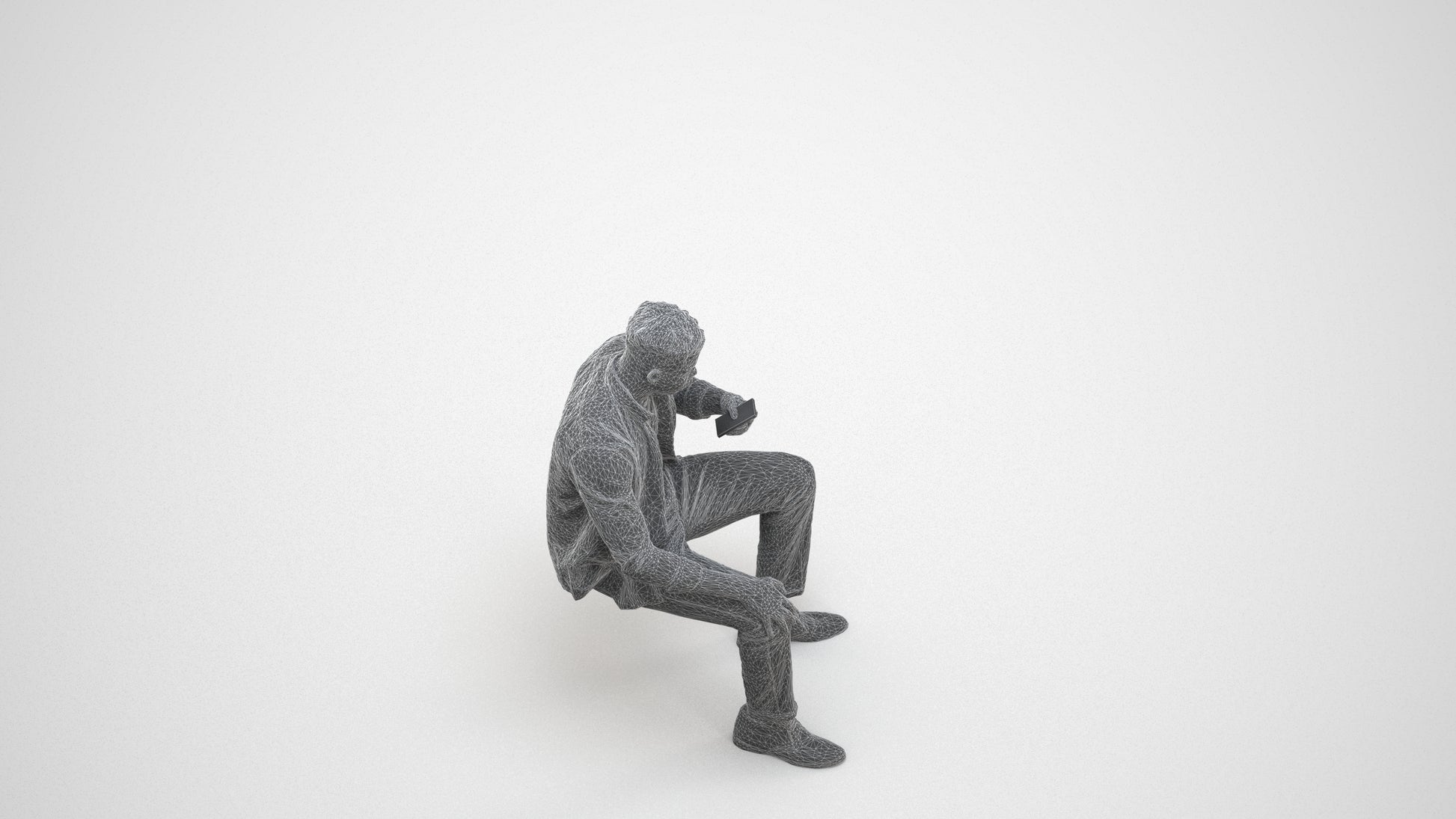 photogrammetry 3D man business sitting, realistic human model archviz FBX, wireframe three-quarter view