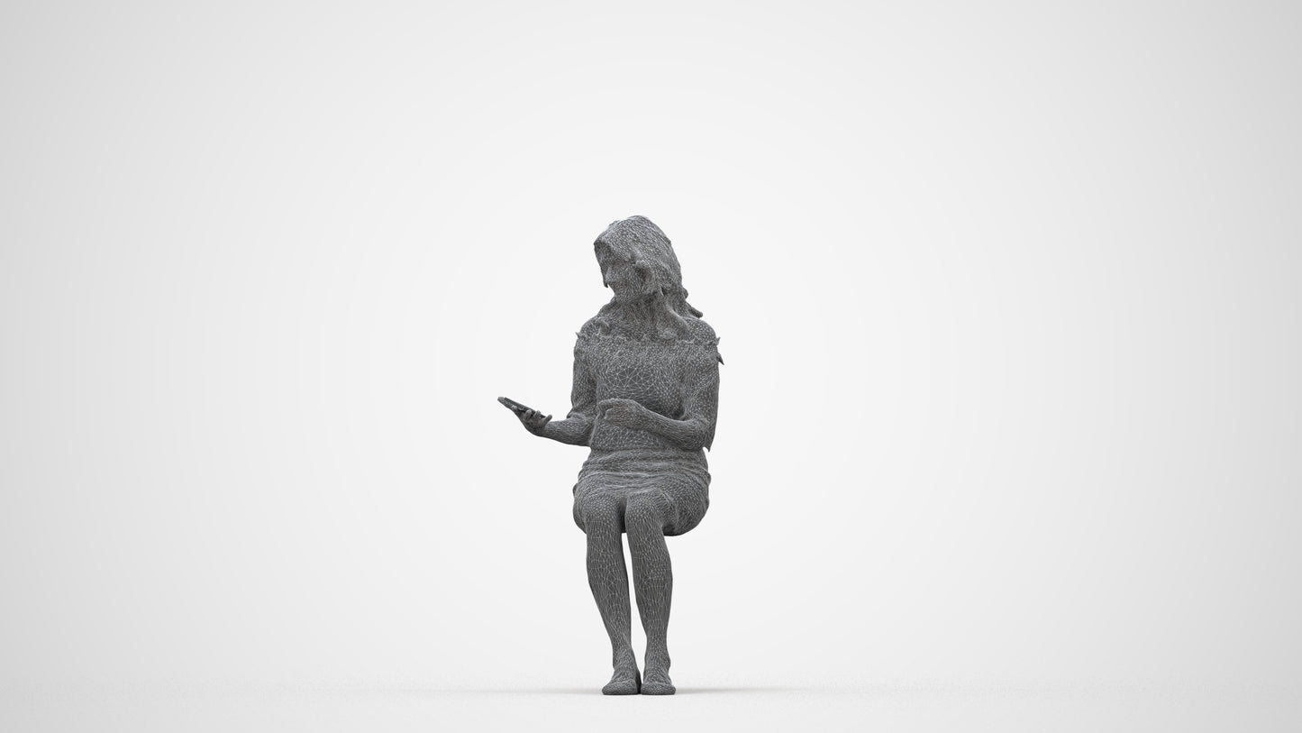photogrammetry 3D senior woman casual sitting, realistic human model archviz FBX, wireframe back view