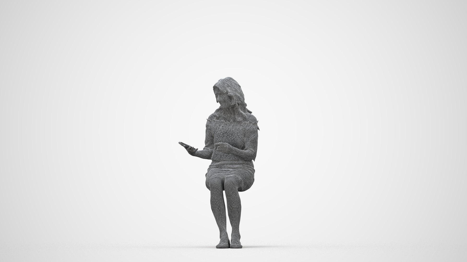 photogrammetry 3D senior woman casual sitting, realistic human model archviz FBX, wireframe back view