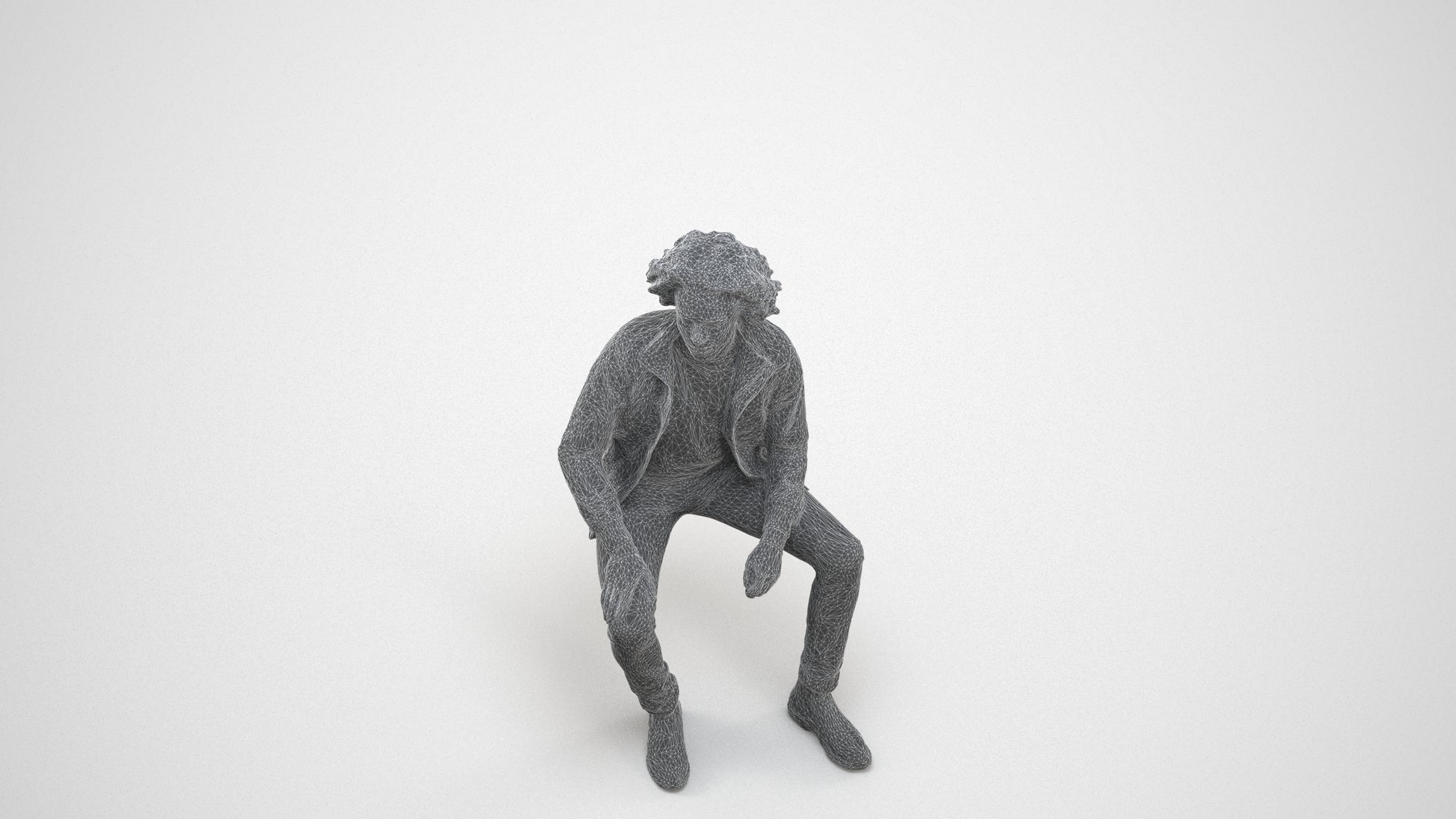 scanned 3D man casual sitting, photogrammetry people for Enscape and V-Ray, wireframe three-quarter view
