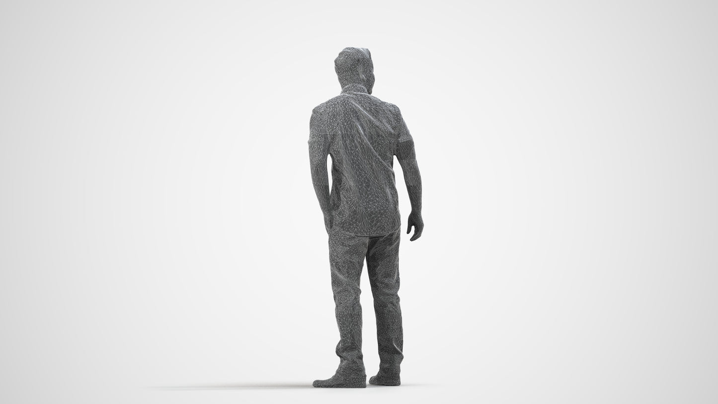 3D scanned man standing casual, photorealistic archviz people for Enscape and SketchUp, wireframe side view