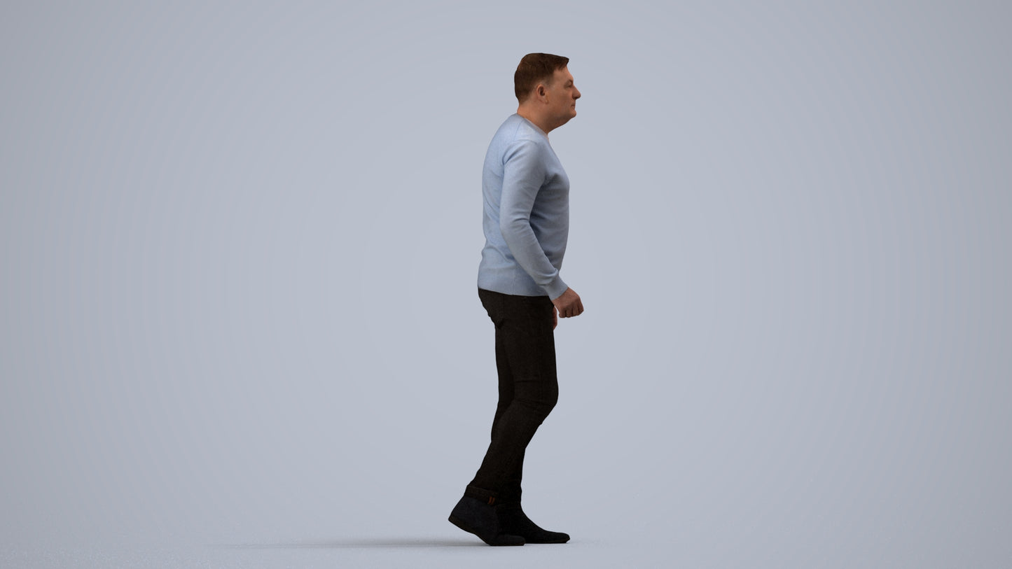 realistic 3D human man casual walking, archviz people FBX OBJ for Blender, side view render