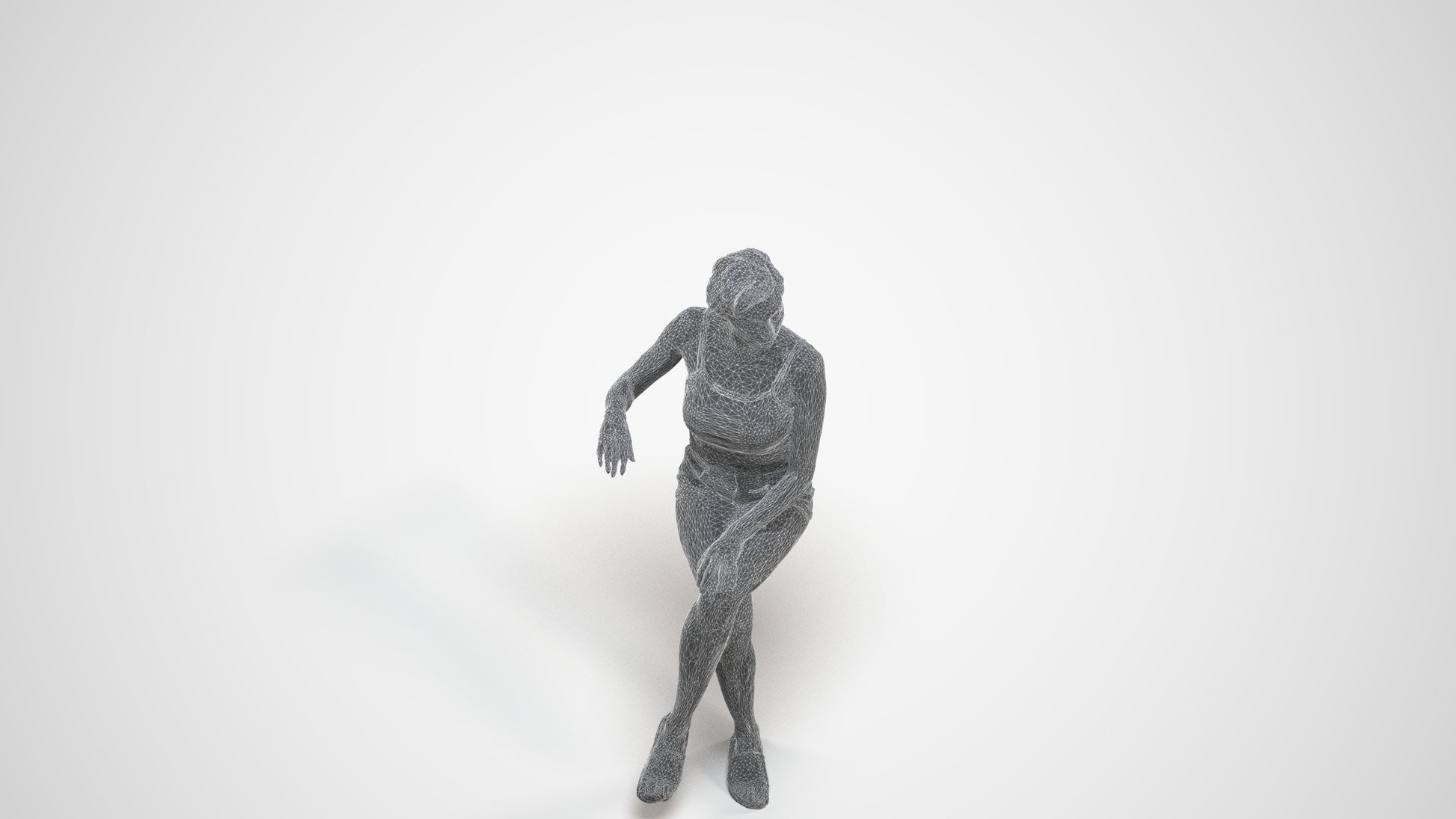 3D human model woman casual sitting, photogrammetry scanned person for archviz, wireframe three-quarter view