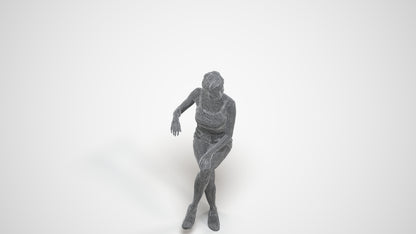 3D human model woman casual sitting, photogrammetry scanned person for archviz, wireframe three-quarter view