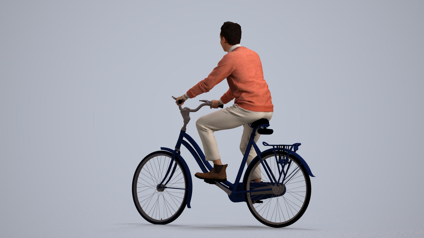 3D human model man casual cycling, photogrammetry scanned person for archviz, front view render