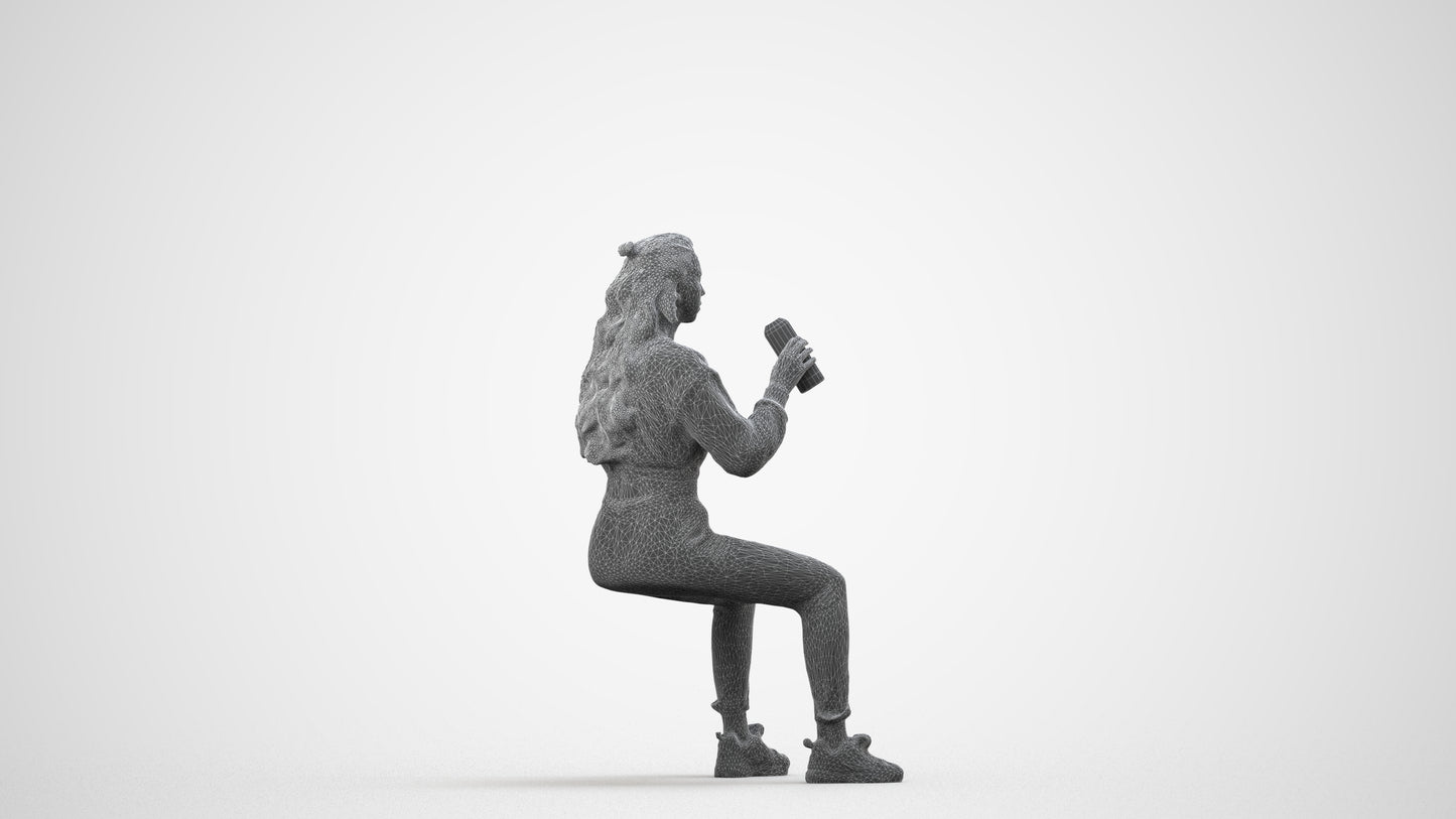 scanned 3D woman sport sitting, photogrammetry people for Enscape and V-Ray, wireframe side view