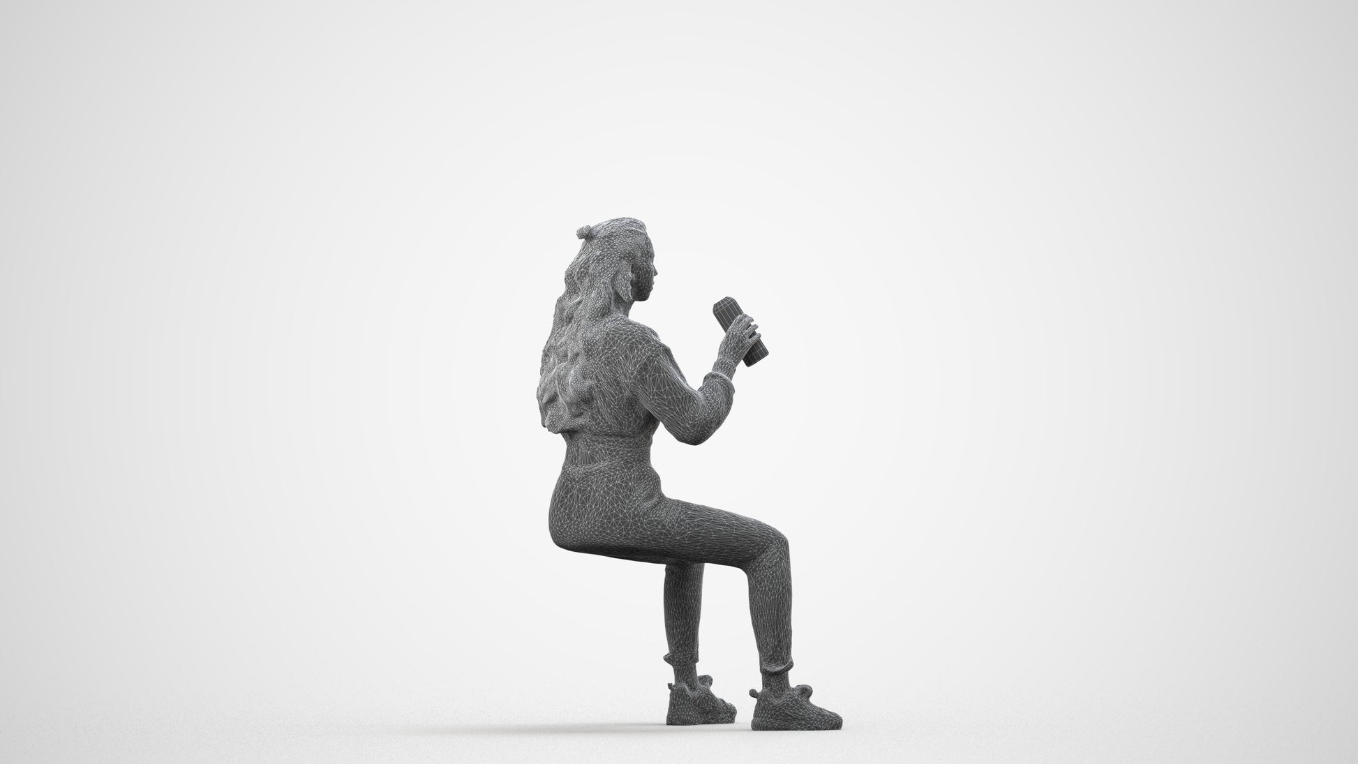 scanned 3D woman sport sitting, photogrammetry people for Enscape and V-Ray, wireframe side view