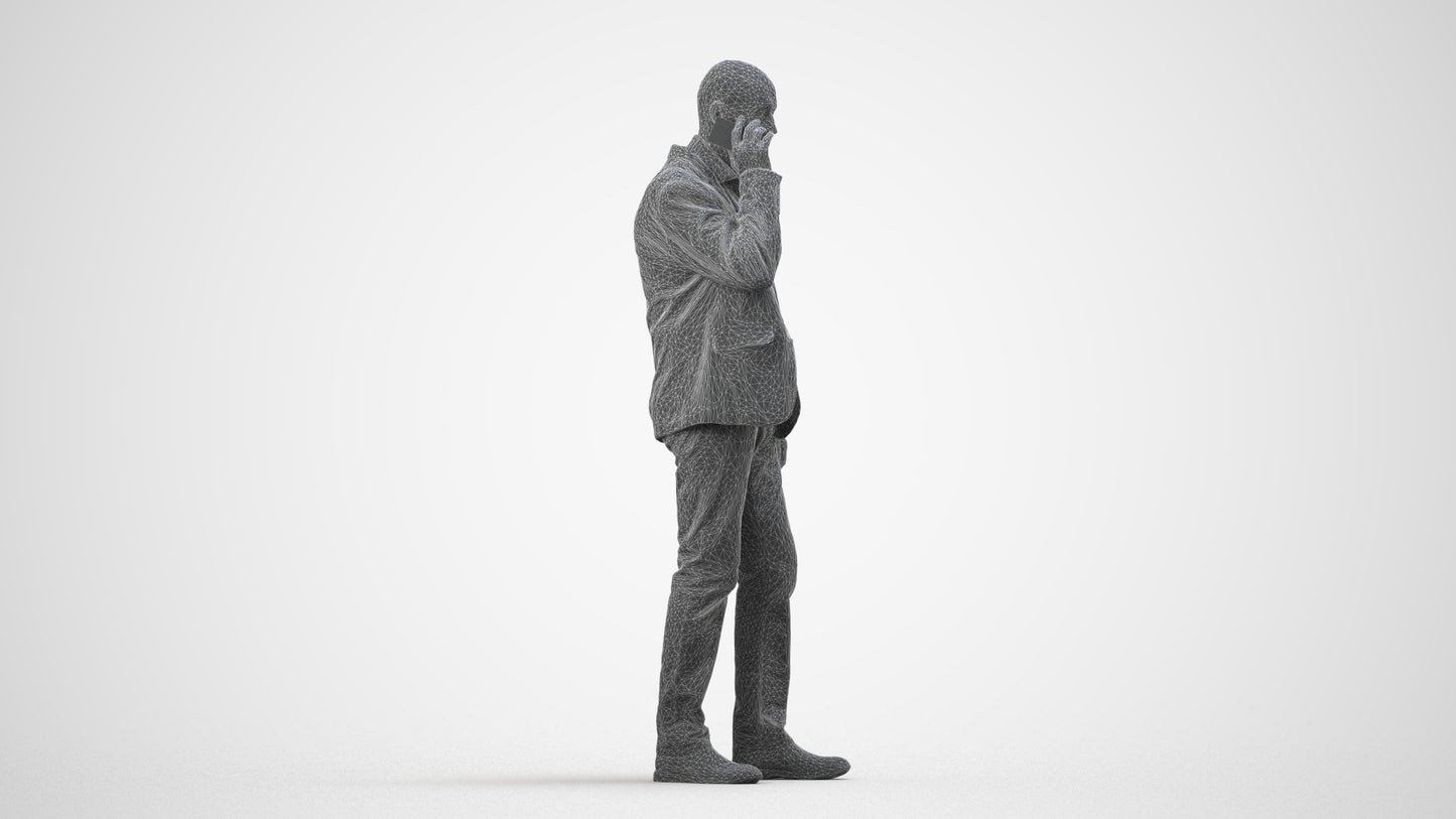 scanned 3D senior man business, photogrammetry people for Enscape and V-Ray, wireframe side view