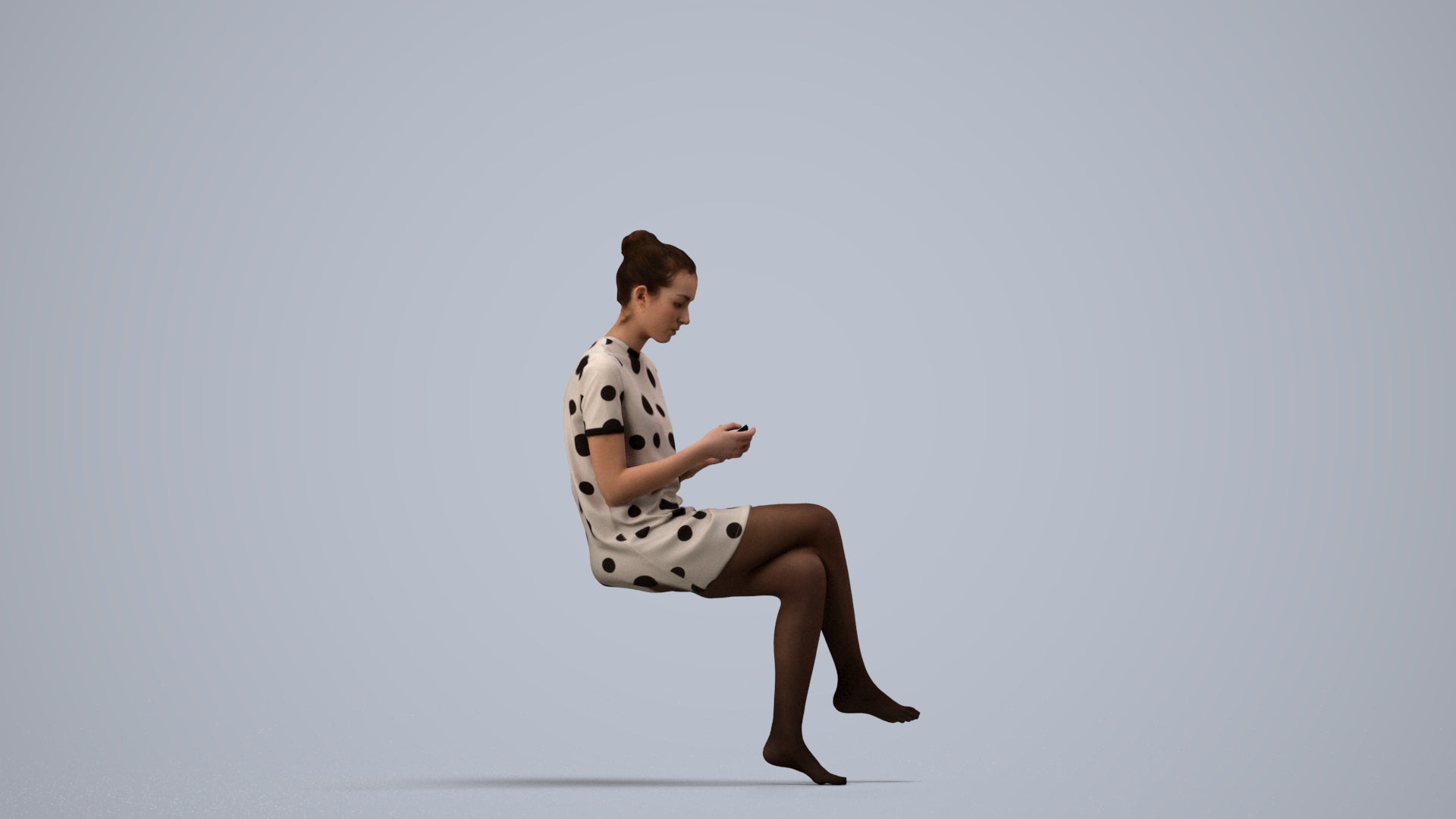 3D scanned woman sitting casual, photorealistic archviz people for Enscape and SketchUp, side view render