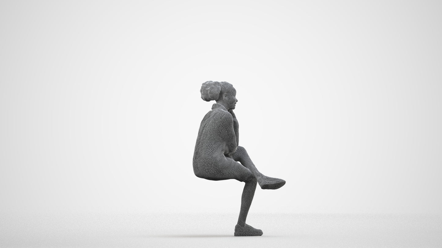 realistic 3D human woman casual sitting, archviz people FBX OBJ for Blender, wireframe side view