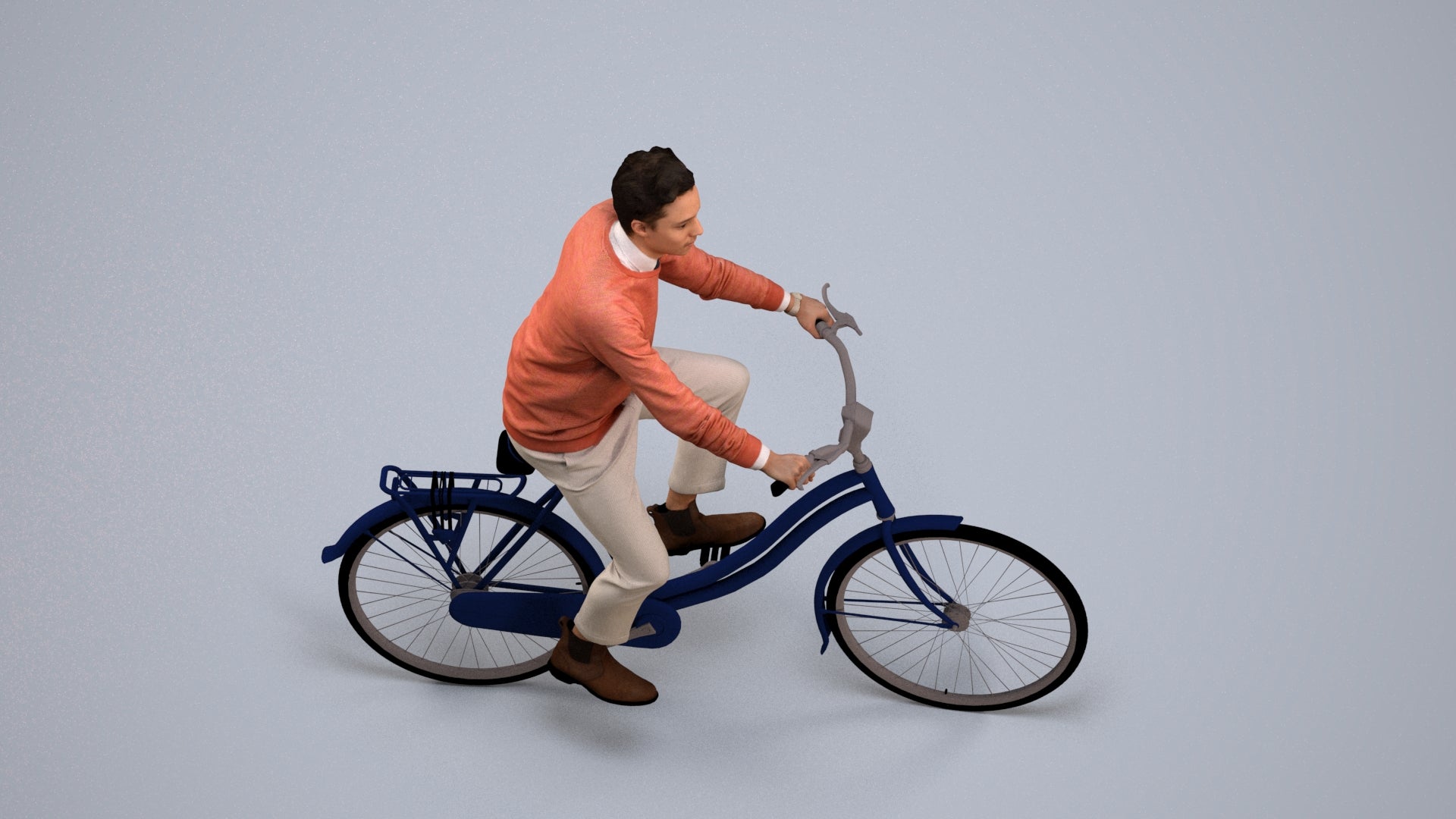 3D human model man casual cycling, photogrammetry scanned person for archviz, back view render