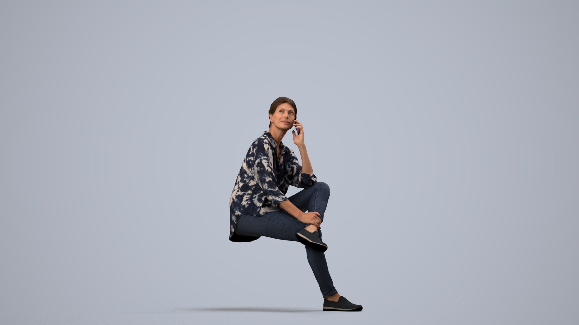 scanned 3D woman casual sitting, photogrammetry people for Enscape and V-Ray, side view render