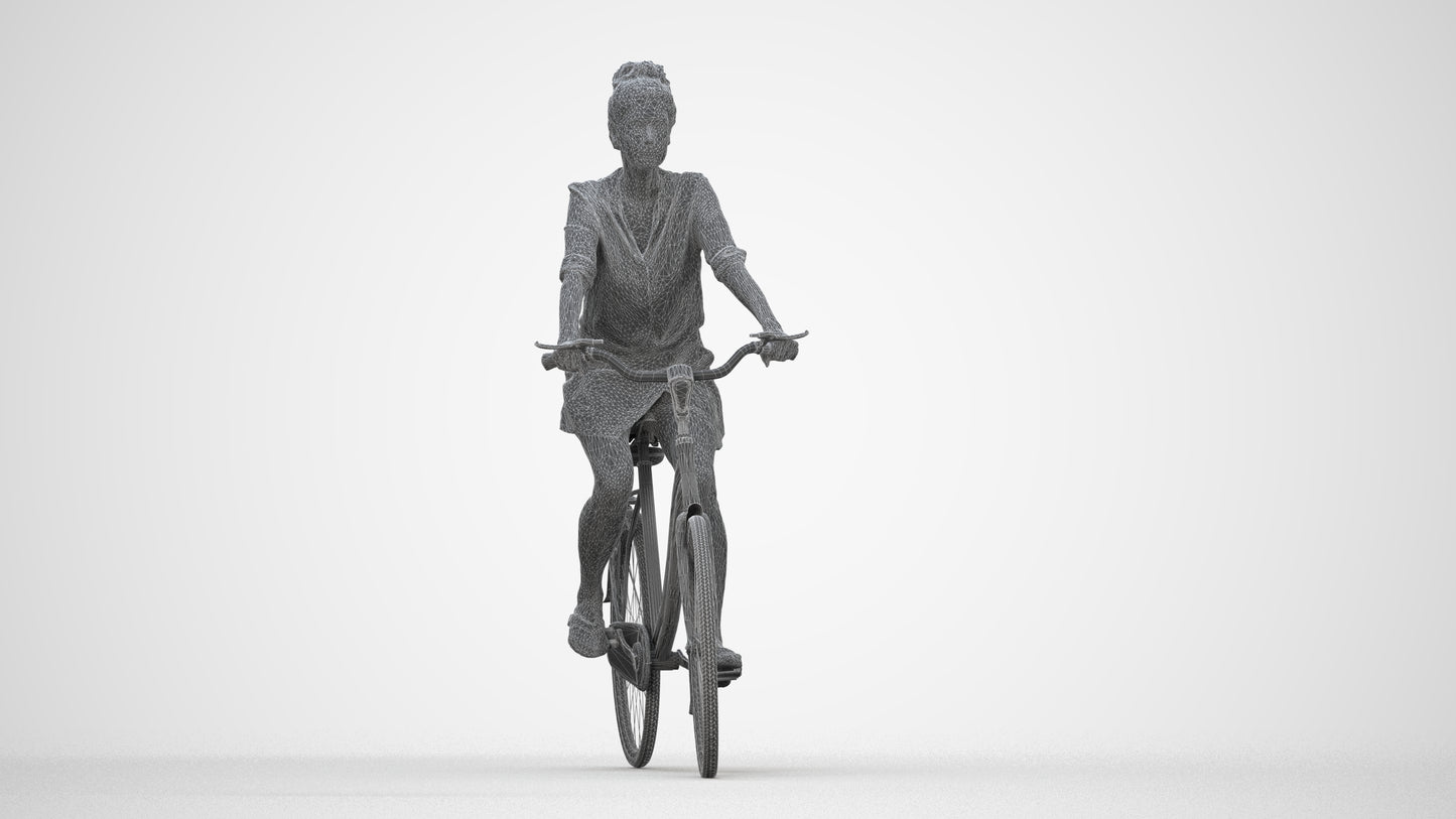 realistic 3D human woman casual cycling, archviz people FBX OBJ for Blender, wireframe back view