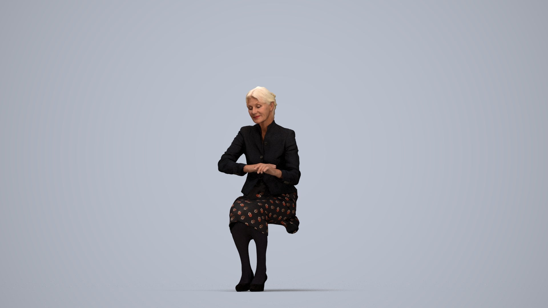 scanned 3D senior woman formal sitting, photogrammetry people for Enscape and V-Ray, top-down view render