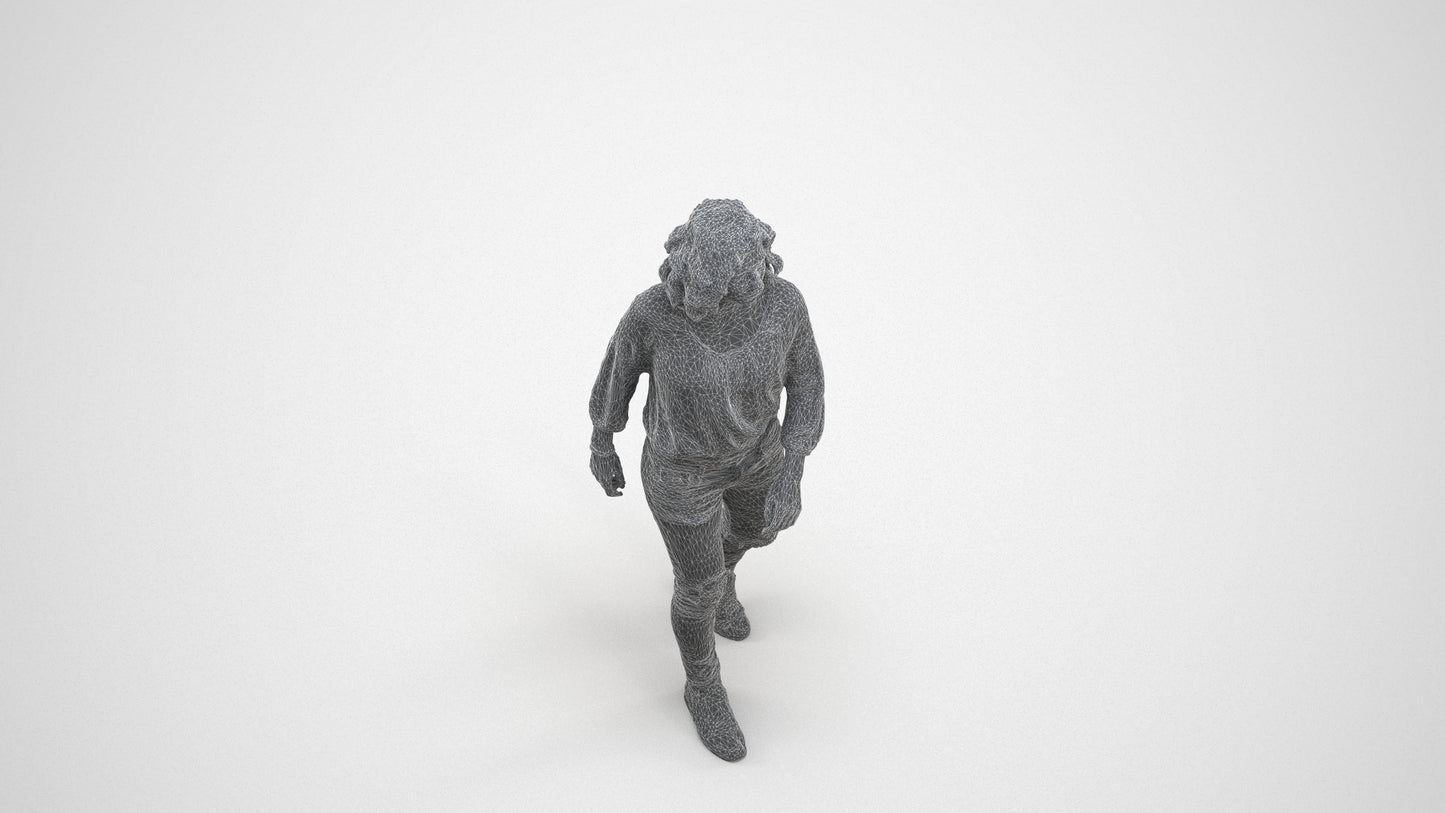 realistic 3D human woman casual walking, archviz people FBX OBJ for Blender, wireframe three-quarter view