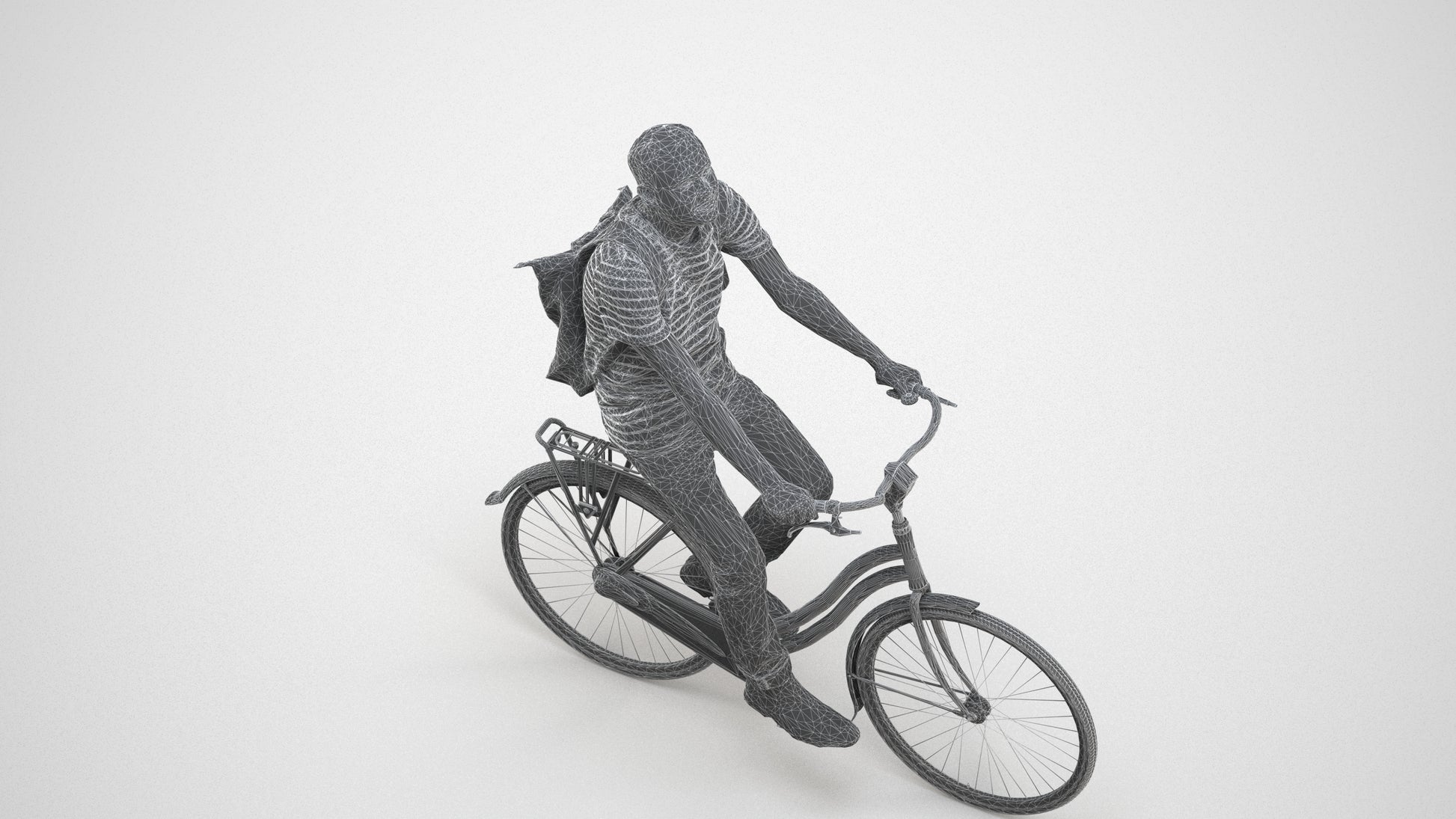 photogrammetry 3D man casual sitting, realistic human model archviz FBX, wireframe three-quarter view