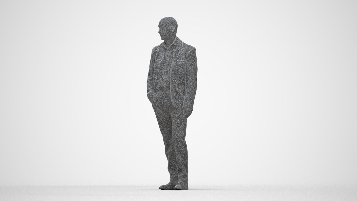 3D scanned senior man business, photorealistic archviz people for Enscape and SketchUp, wireframe back view