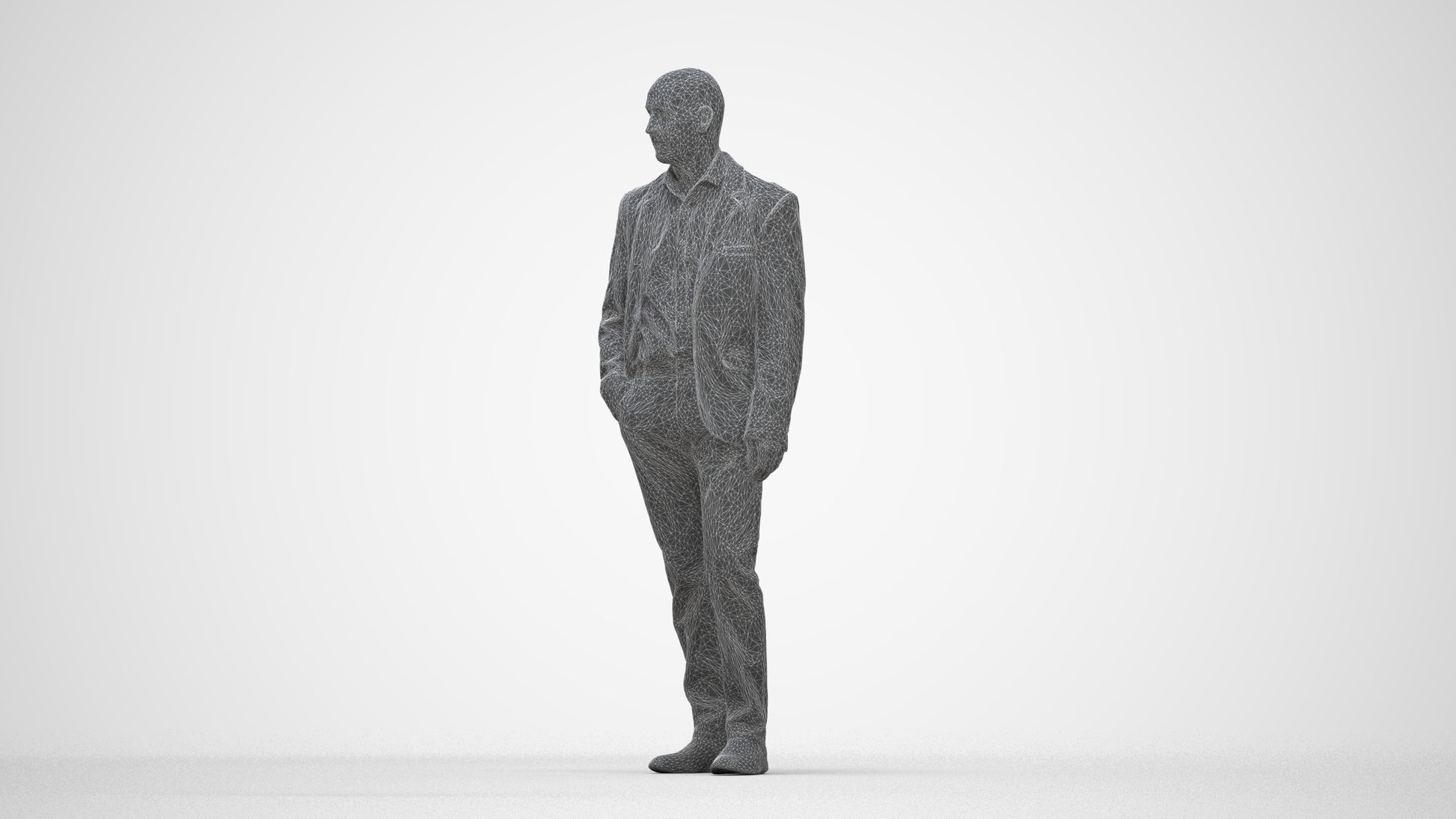 3D scanned senior man business, photorealistic archviz people for Enscape and SketchUp, wireframe back view