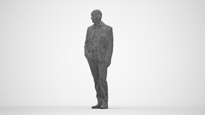 3D scanned senior man business, photorealistic archviz people for Enscape and SketchUp, wireframe back view