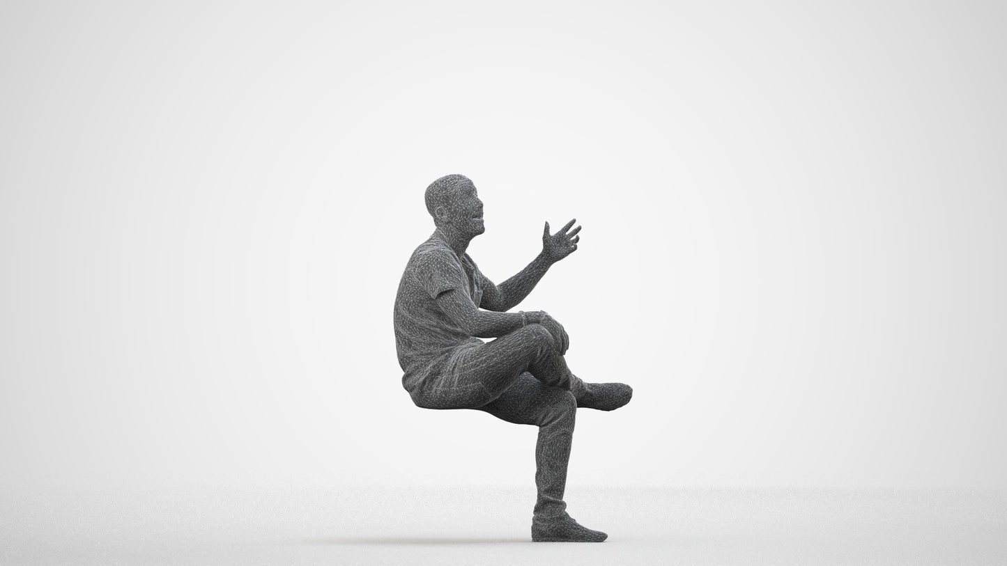 realistic 3D people man casual sitting, render-ready for V-Ray and Corona, FBX OBJ, wireframe side view