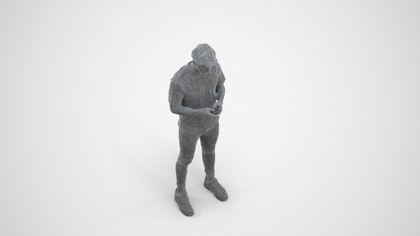 3D scanned man standing casual, photorealistic archviz people for Enscape and SketchUp, wireframe three-quarter view