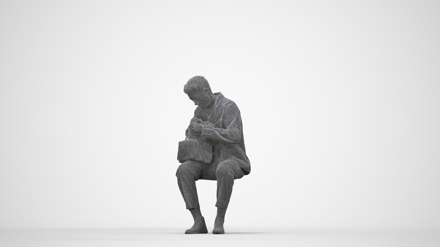 scanned 3D man casual sitting, photogrammetry people for Enscape and V-Ray, wireframe back view