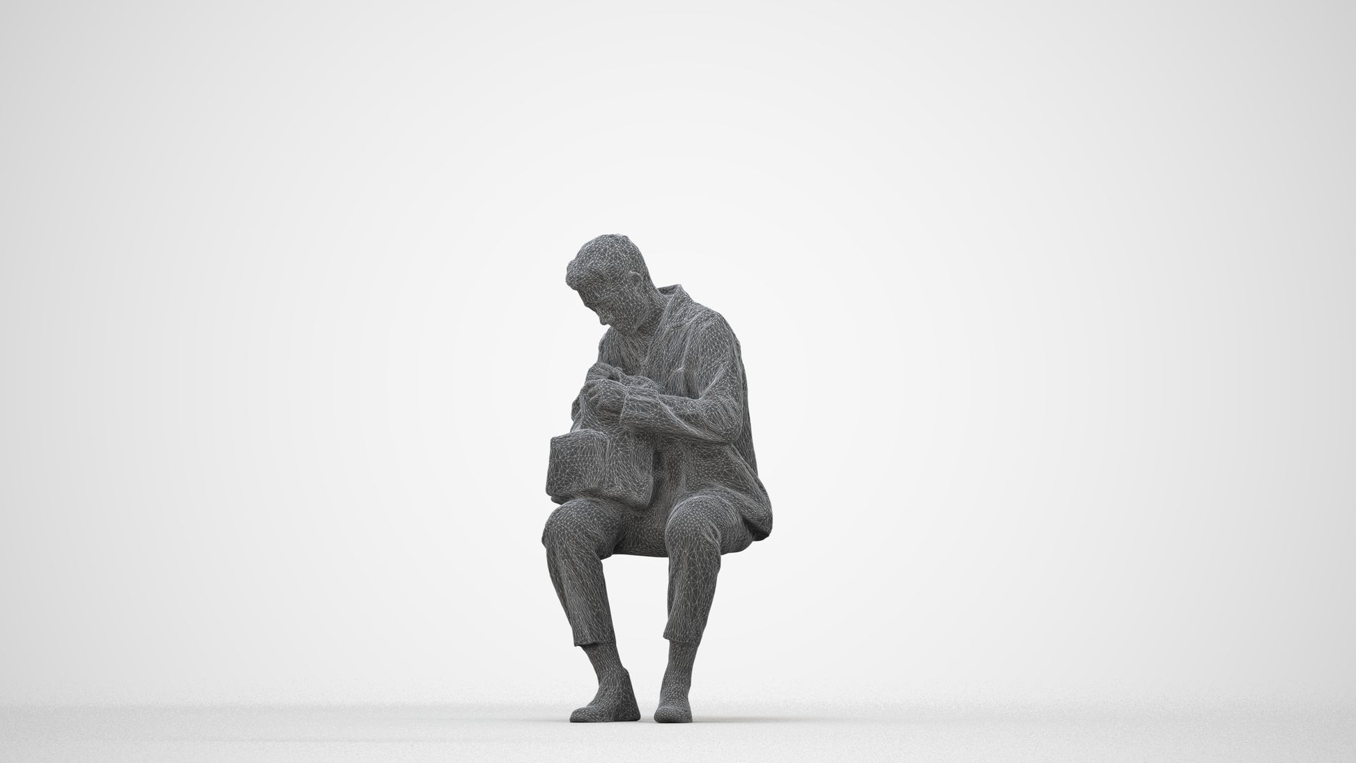 scanned 3D man casual sitting, photogrammetry people for Enscape and V-Ray, wireframe back view
