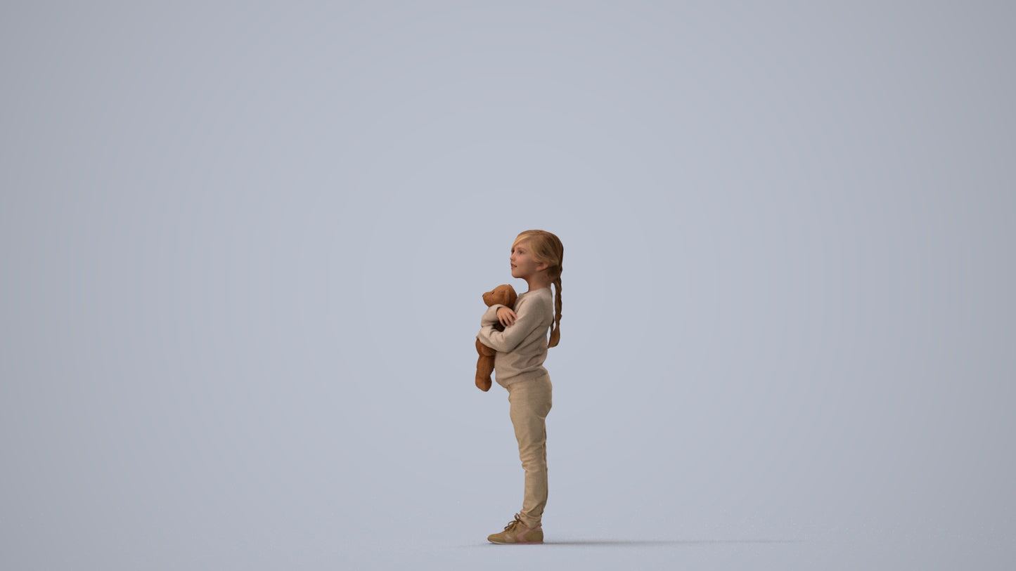 realistic 3D human girl casual standing, archviz people FBX OBJ for Blender, three-quarter view render