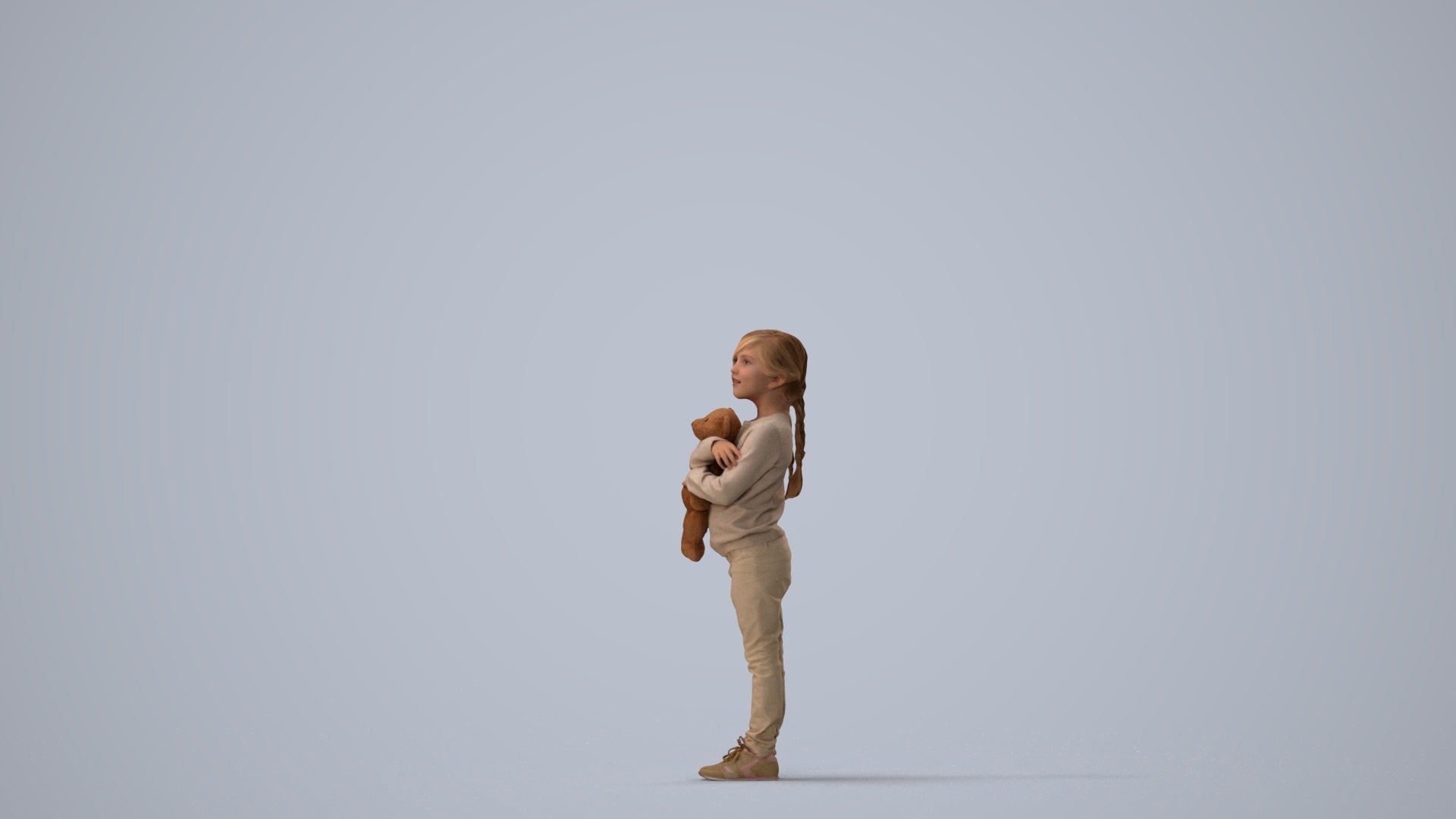 realistic 3D human girl casual standing, archviz people FBX OBJ for Blender, three-quarter view render