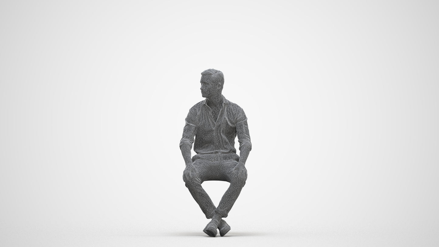 scanned 3D man casual sitting, photogrammetry people for Enscape and V-Ray, three-quarter front view render