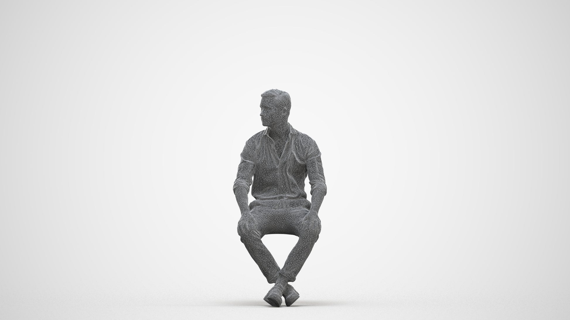 scanned 3D man casual sitting, photogrammetry people for Enscape and V-Ray, three-quarter front view render