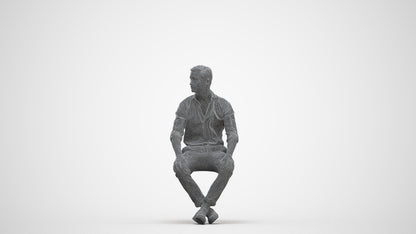 scanned 3D man casual sitting, photogrammetry people for Enscape and V-Ray, three-quarter front view render
