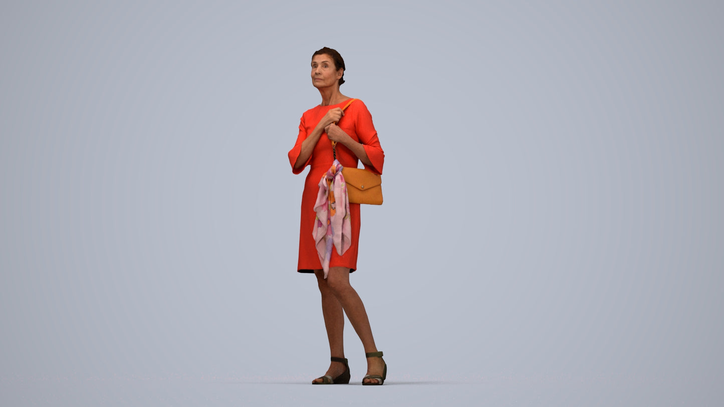 photogrammetry 3D senior woman business standing, realistic human model archviz FBX, top-down view render