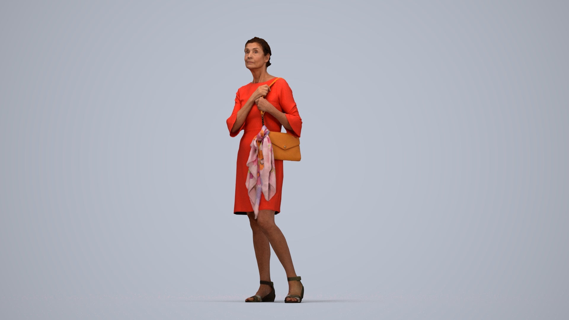photogrammetry 3D senior woman business standing, realistic human model archviz FBX, top-down view render