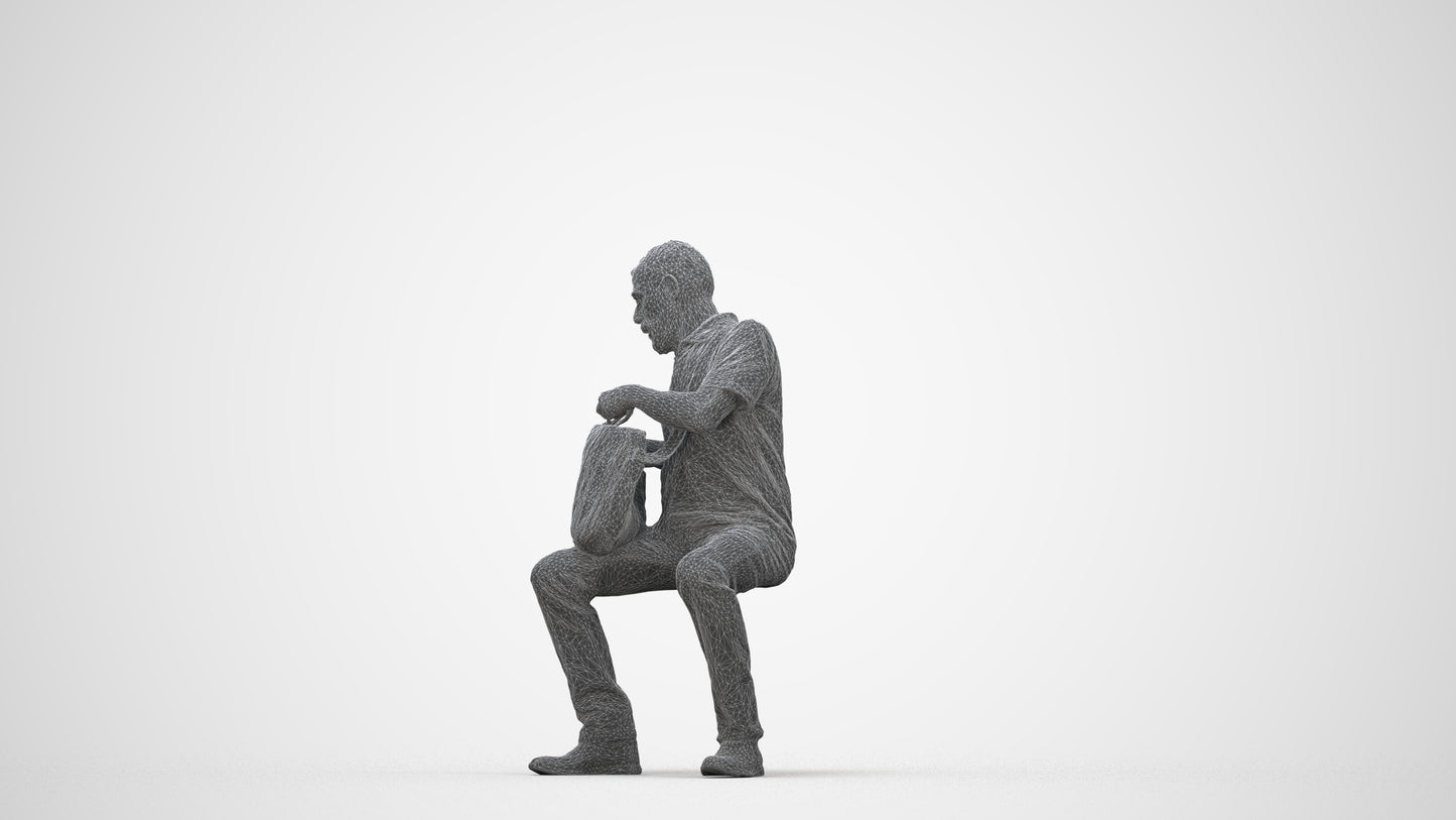 realistic 3D human senior man casual sitting, archviz people FBX OBJ for Blender, wireframe back view