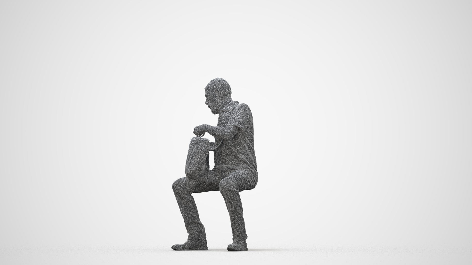 realistic 3D human senior man casual sitting, archviz people FBX OBJ for Blender, wireframe back view