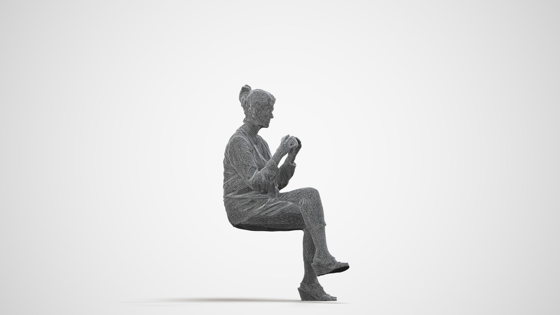 photogrammetry 3D woman casual sitting, realistic human model archviz FBX, wireframe side view