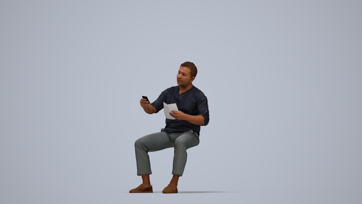 photogrammetry 3D man casual sitting, realistic human model archviz FBX, top-down view render