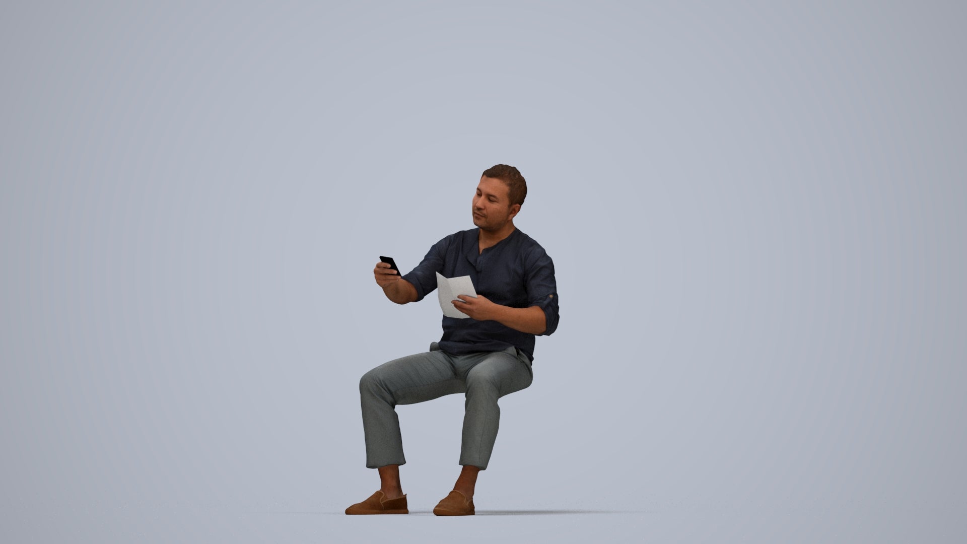 photogrammetry 3D man casual sitting, realistic human model archviz FBX, top-down view render