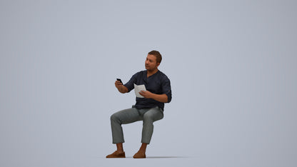 photogrammetry 3D man casual sitting, realistic human model archviz FBX, top-down view render