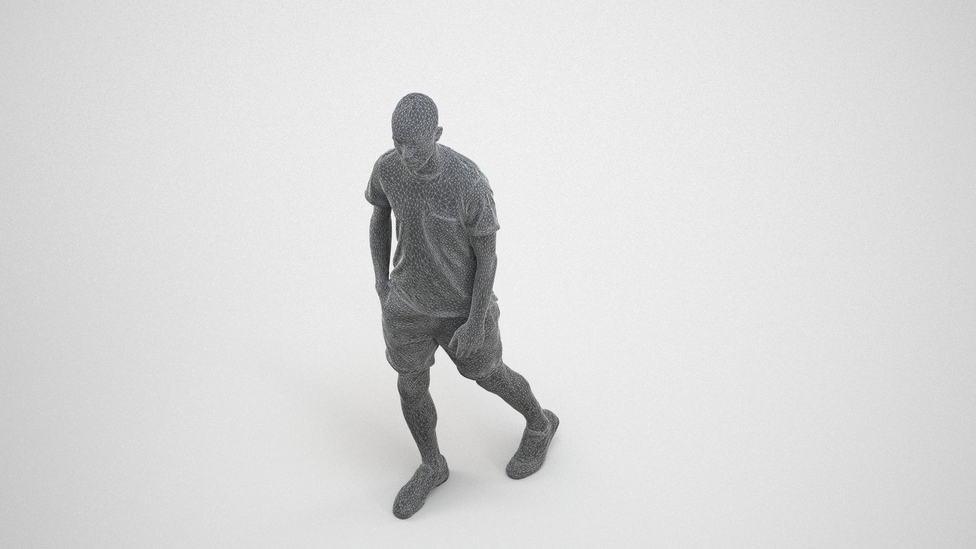 3D people model man casual walking, scanned human for 3ds Max rendering, wireframe three-quarter view