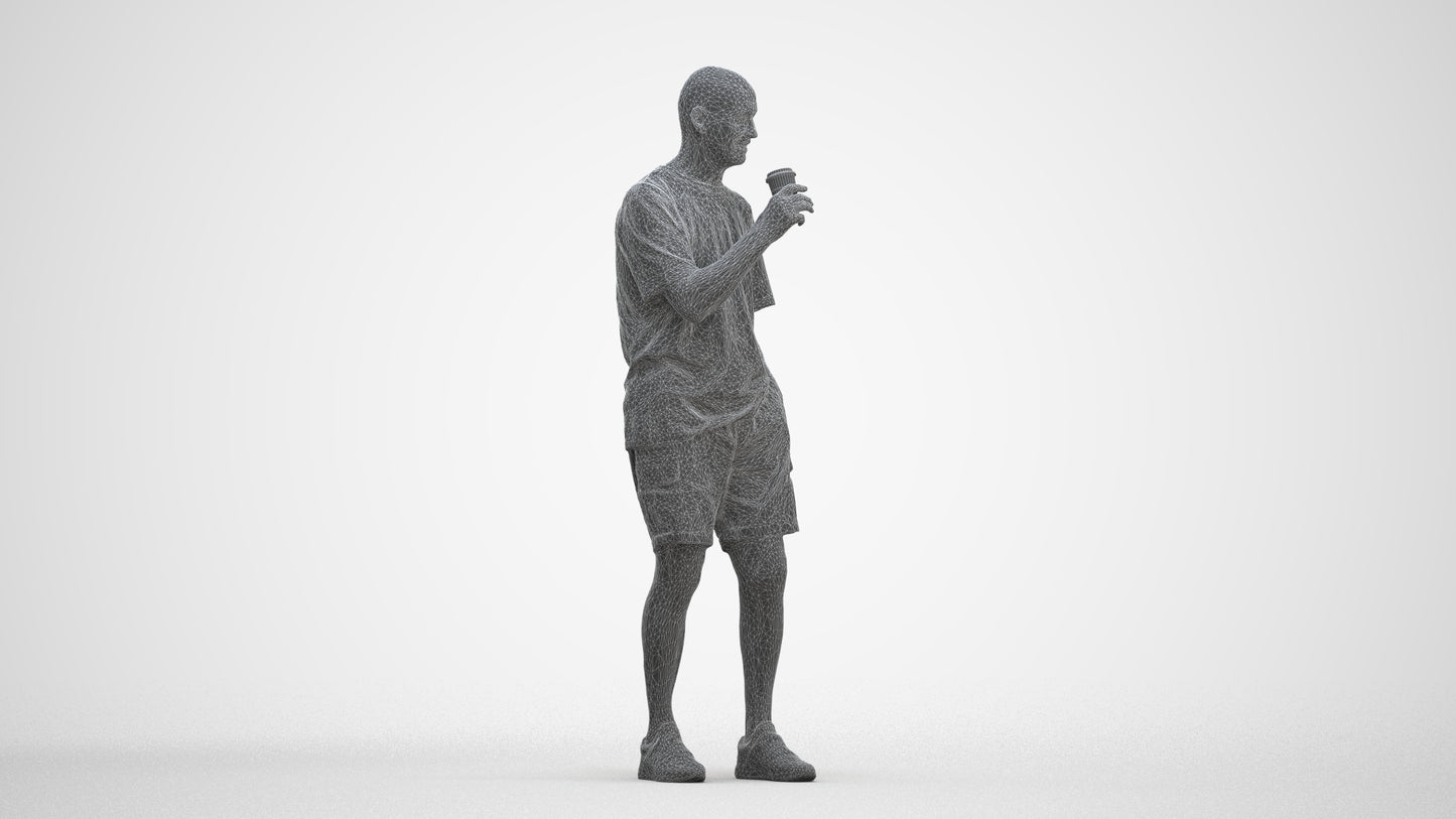 3D human model senior man casual standing, photogrammetry scanned person for archviz, three-quarter front view render