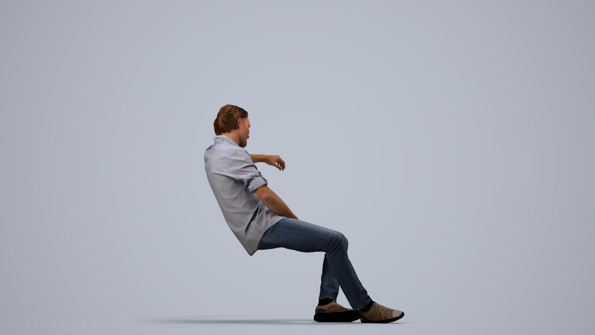 3D human model man casual sitting, photogrammetry scanned person for archviz, side view render
