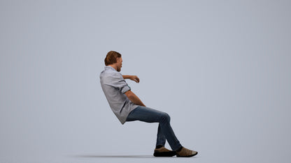 3D human model man casual sitting, photogrammetry scanned person for archviz, side view render