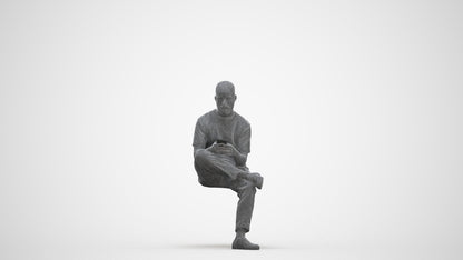3D scanned man sitting casual, photorealistic archviz people for Enscape and SketchUp, three-quarter front view render