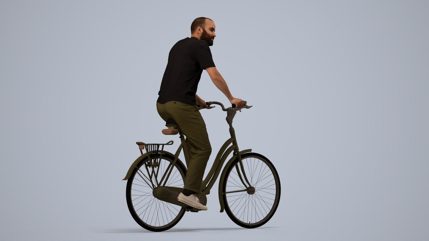 realistic 3D man casual cycling, scanned archviz people for Blender and 3ds Max, side view render